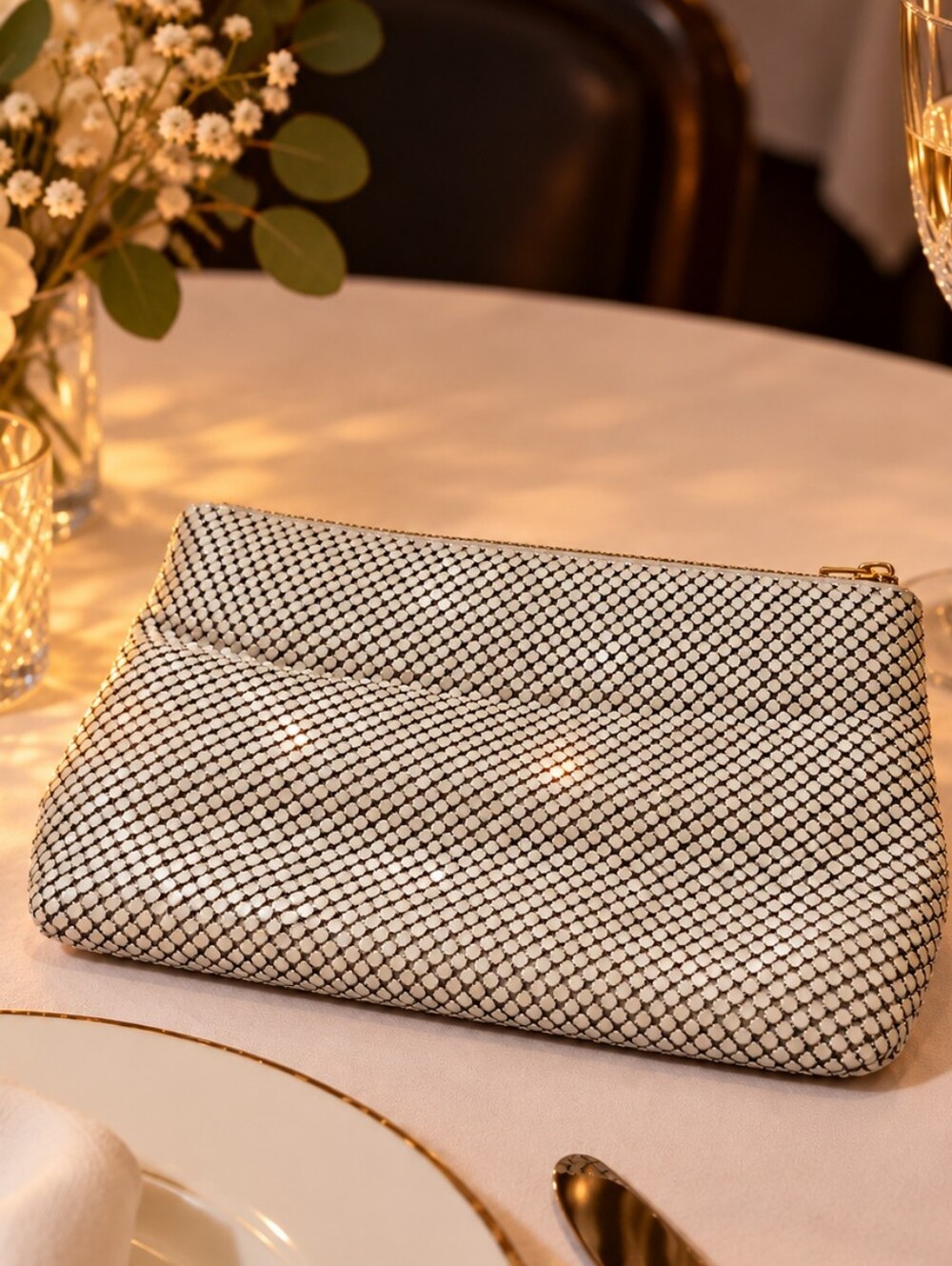 Whiting & Davis Silver Metal Mesh Clutch Evening Bag Vintage Glam